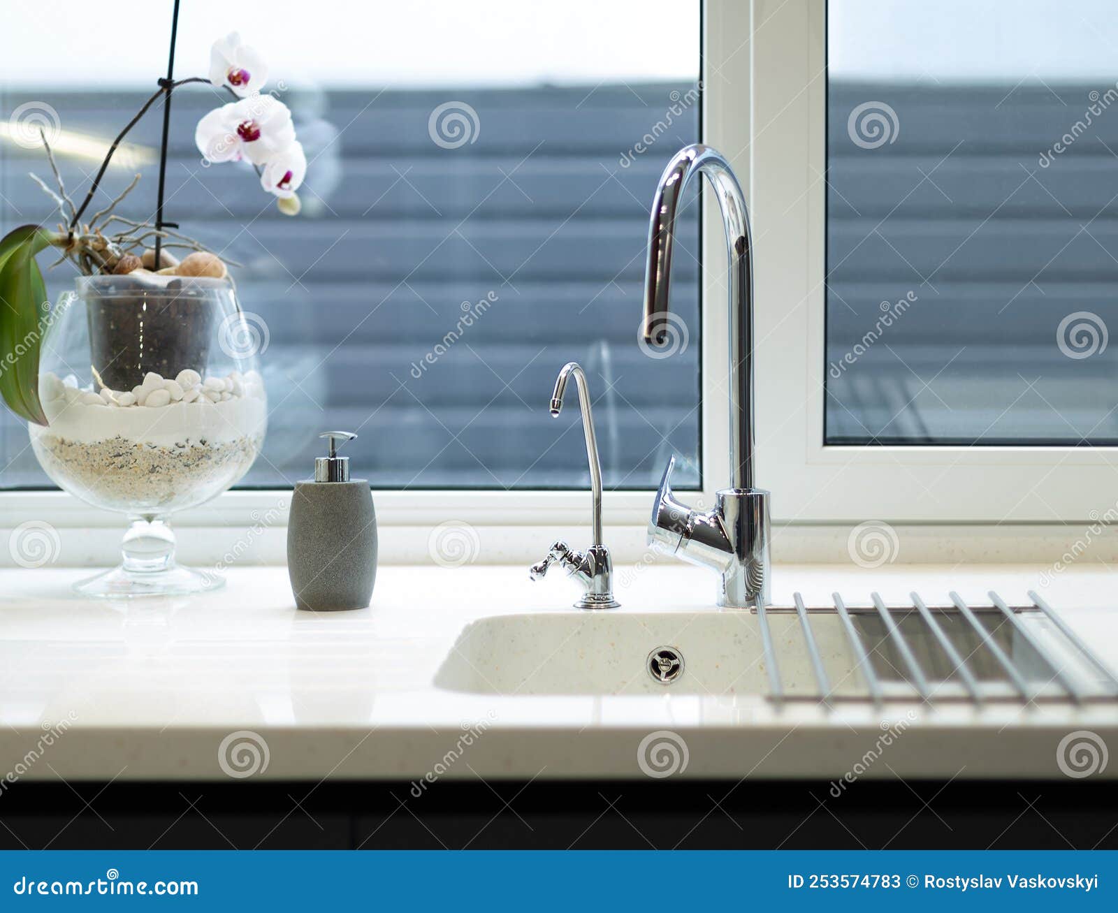 Kitchen sink with faucet stock image. Image of black 253574783