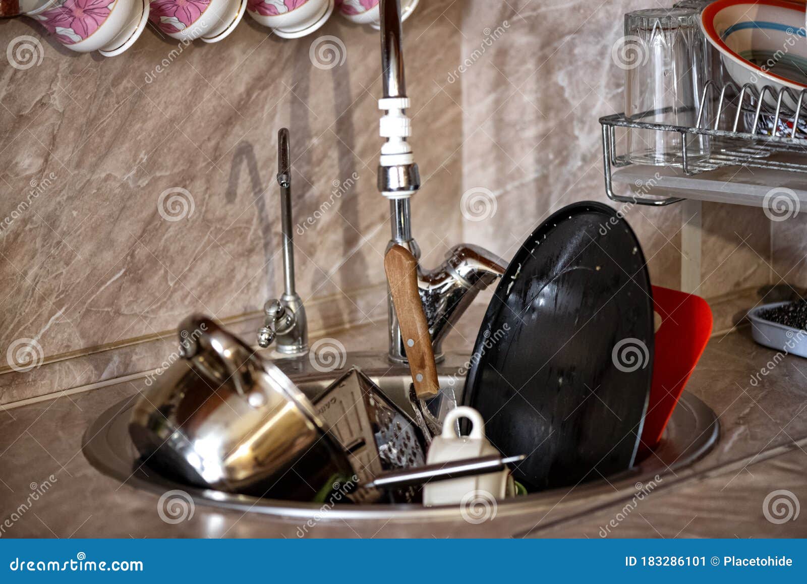 Kitchen Sink Full of Dirty Dishes. Home Work and Household Concept ...