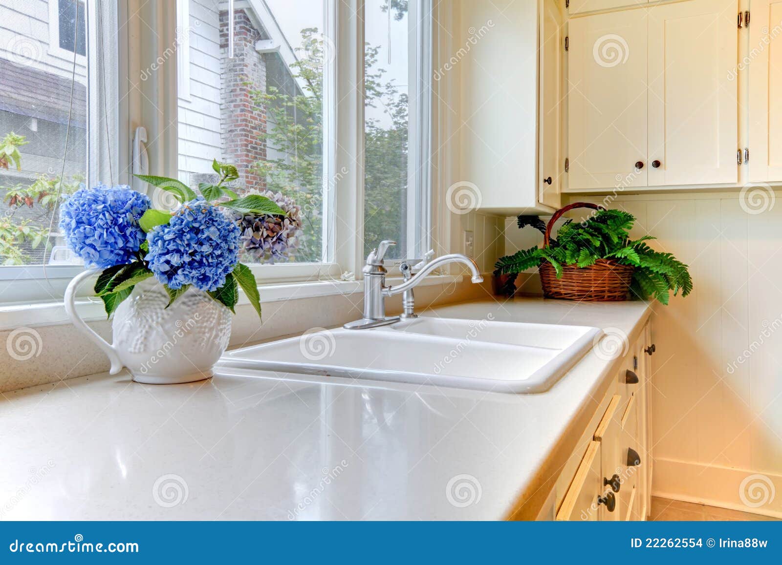 Kitchen Sink with White and Flowers. Stock Photo Image of