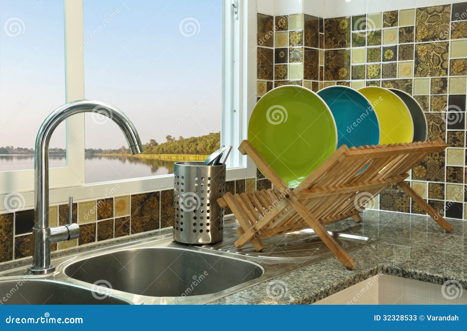 Kitchen Sink with Wooden Plate Rack Stock Image Image of clean, kitchenware 32328533
