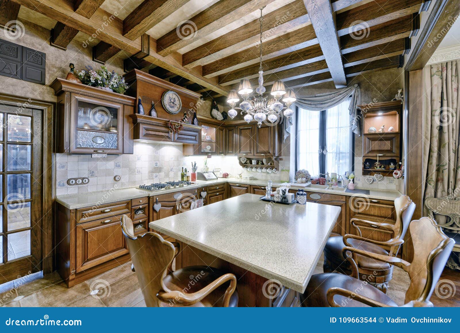 Kitchen Design in Wooden Home Interior. Stock Photo - Image of door