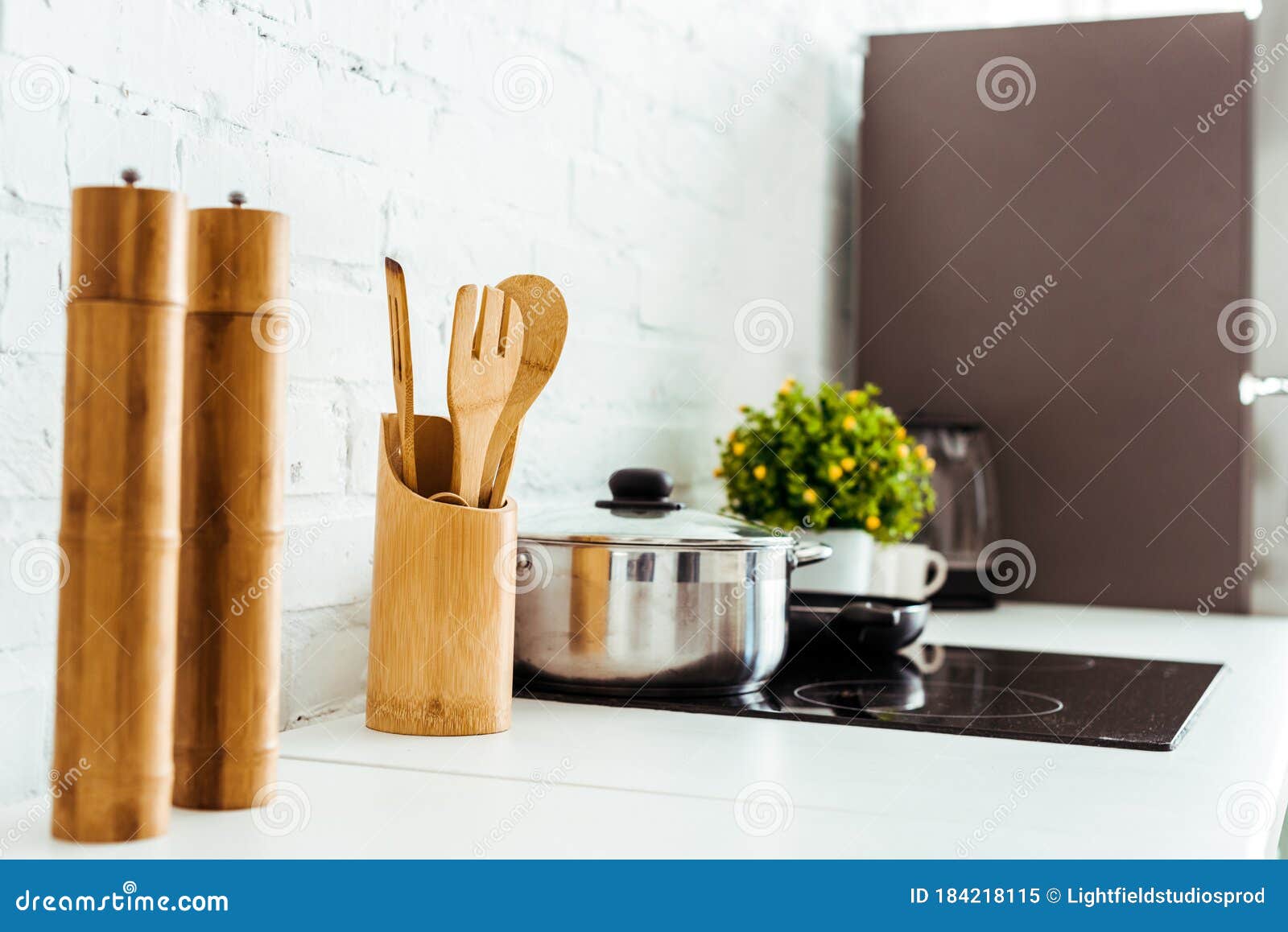Kitchen Table with Cooking Utensils Stock Image Image of table, fridge 184218115