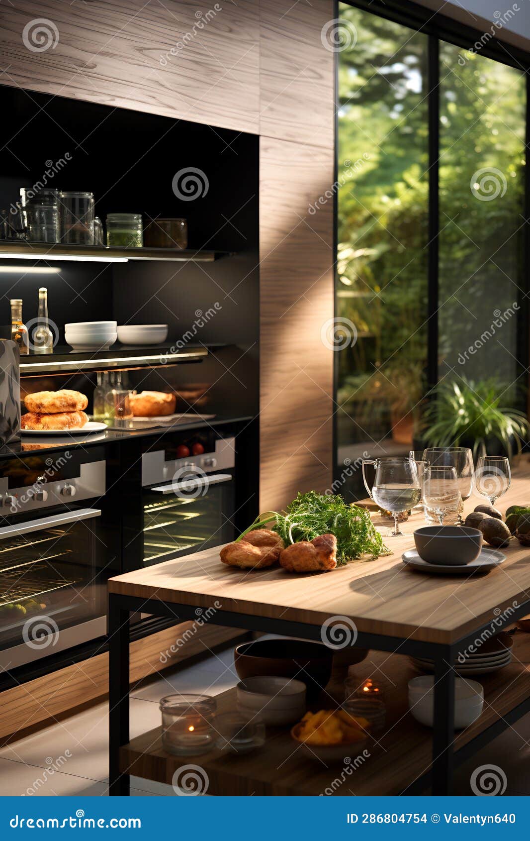 Kitchen with Table with Food and Glasses on it. Generative AI Stock