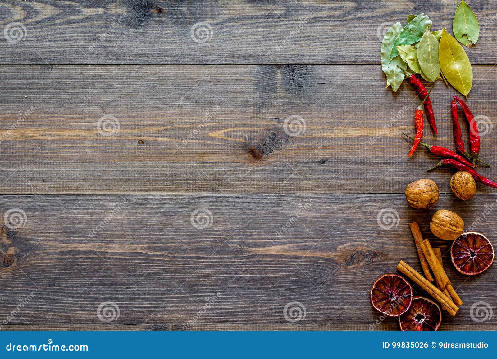 Kitchen Table with Spices and Dry Herbs on Wooden Kitchen Background ...