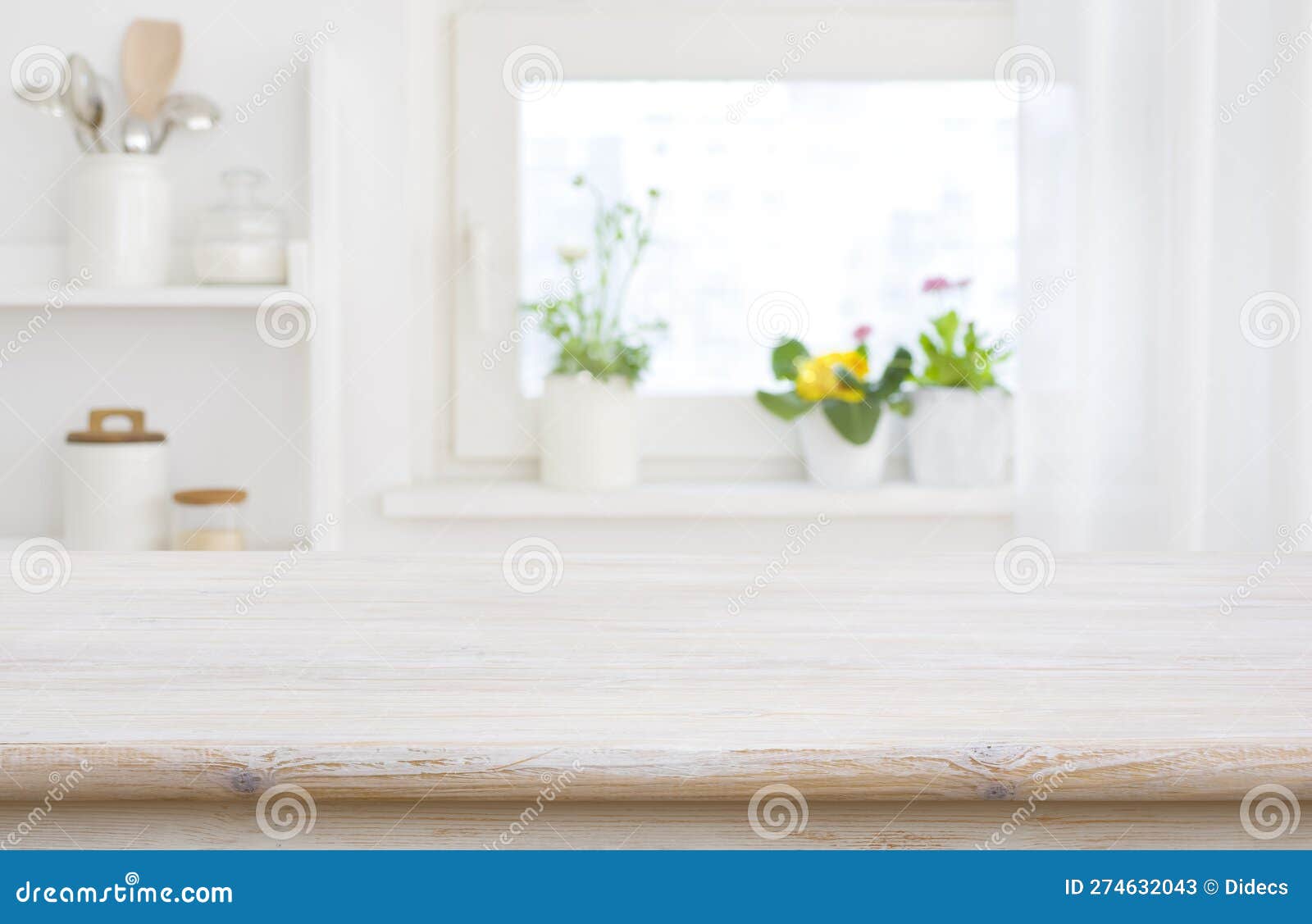 Kitchen Table Top on Blur Window Sill and Shelf Background Stock Image