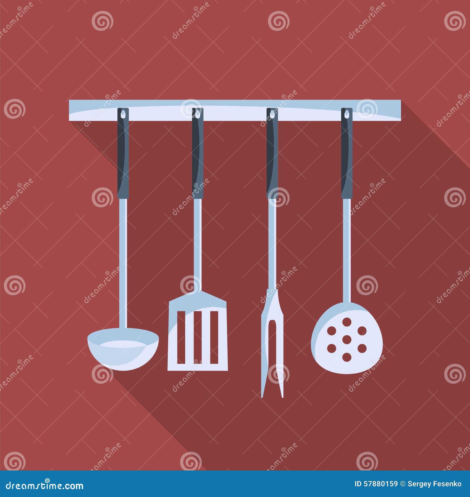 Kitchen Tools on a Hanger with Long Shadow. Stock Vector Illustration