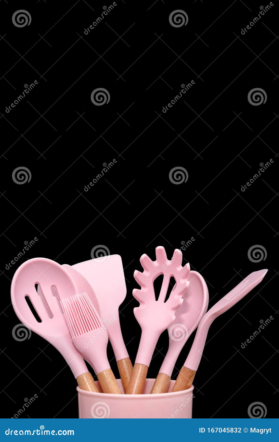 Kitchen utensils background with copyspace, home kitchen decor concept, kitchen  tools, rubber accessories in container. Restaurant, cooking, culinary,  kitchen theme. Silicone spatulas and brushes Stock Photo