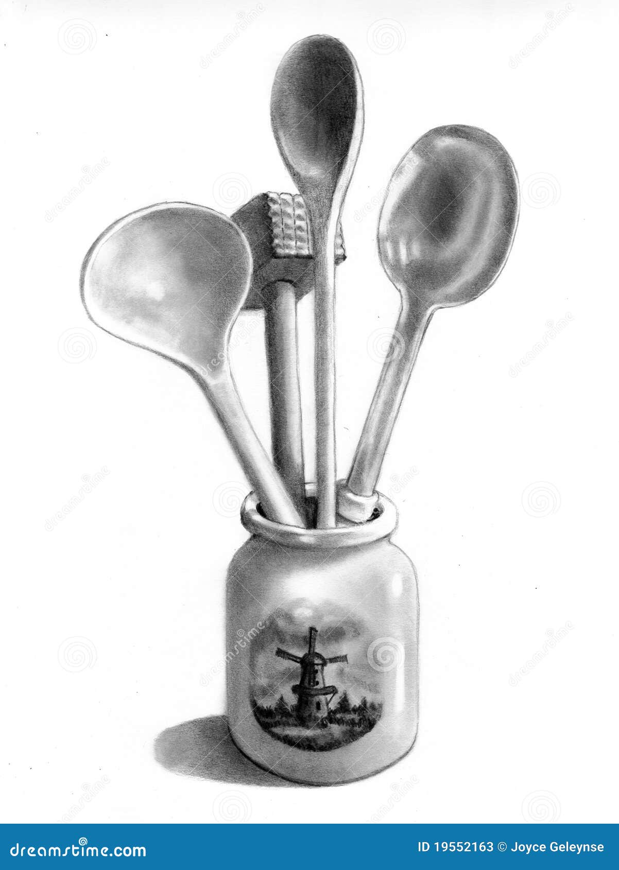 kitchen utensils in dutch crock, pencil drawing