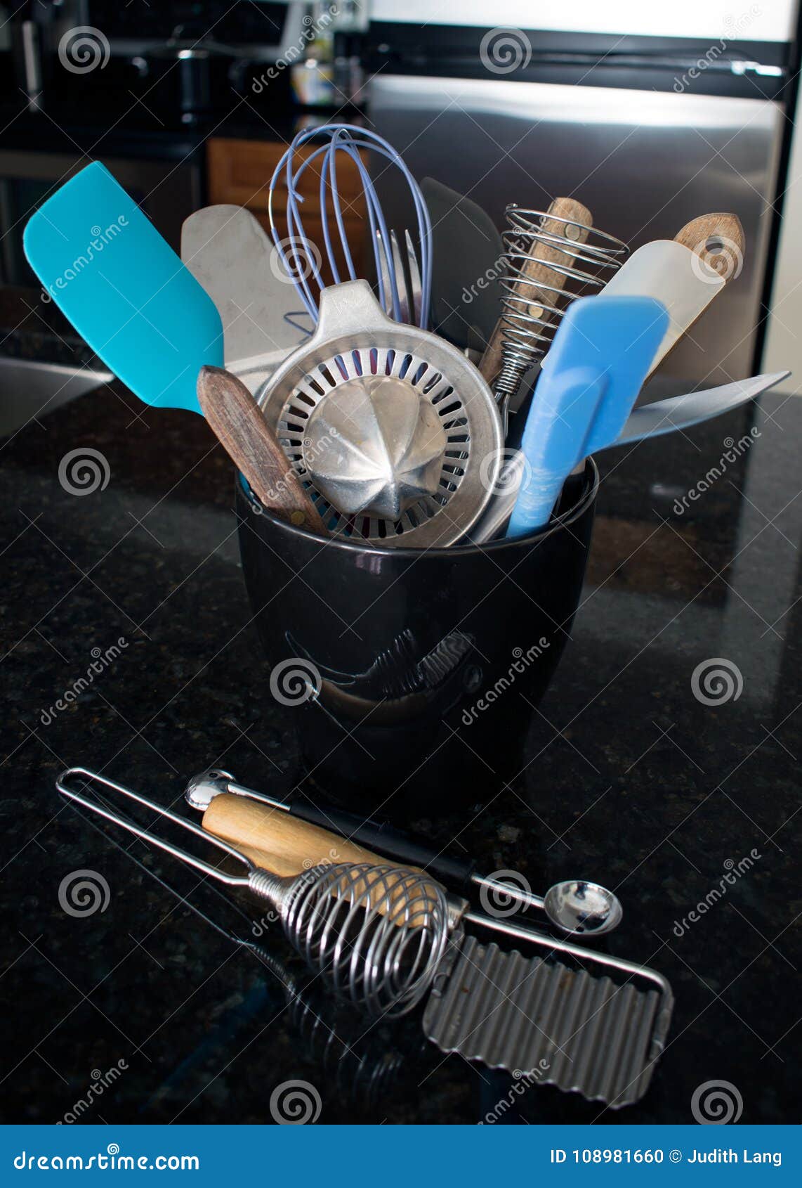 Kitchen Utensils in Container on Granite Counter Stock Photo Image of