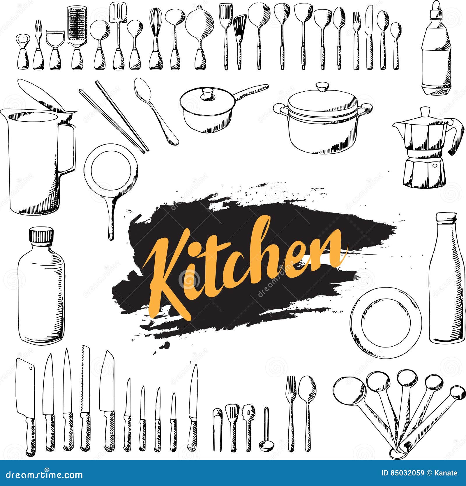 Kitchen Utensils Hand Draw Set, Stock Vector Illustration of design