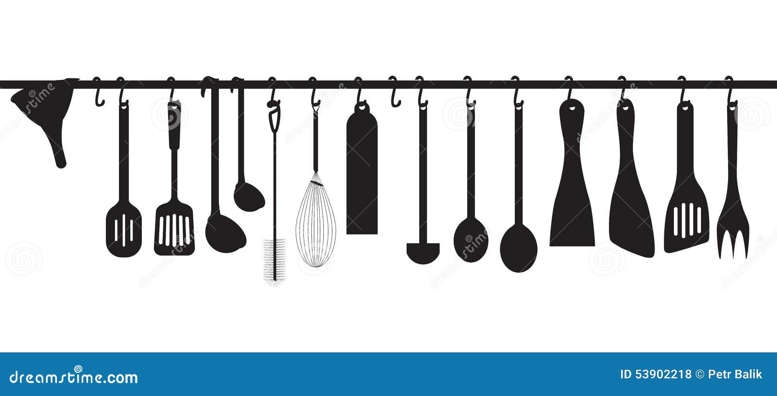 Kitchen Utensils Hanging on the Chromed Bar Stock Illustration