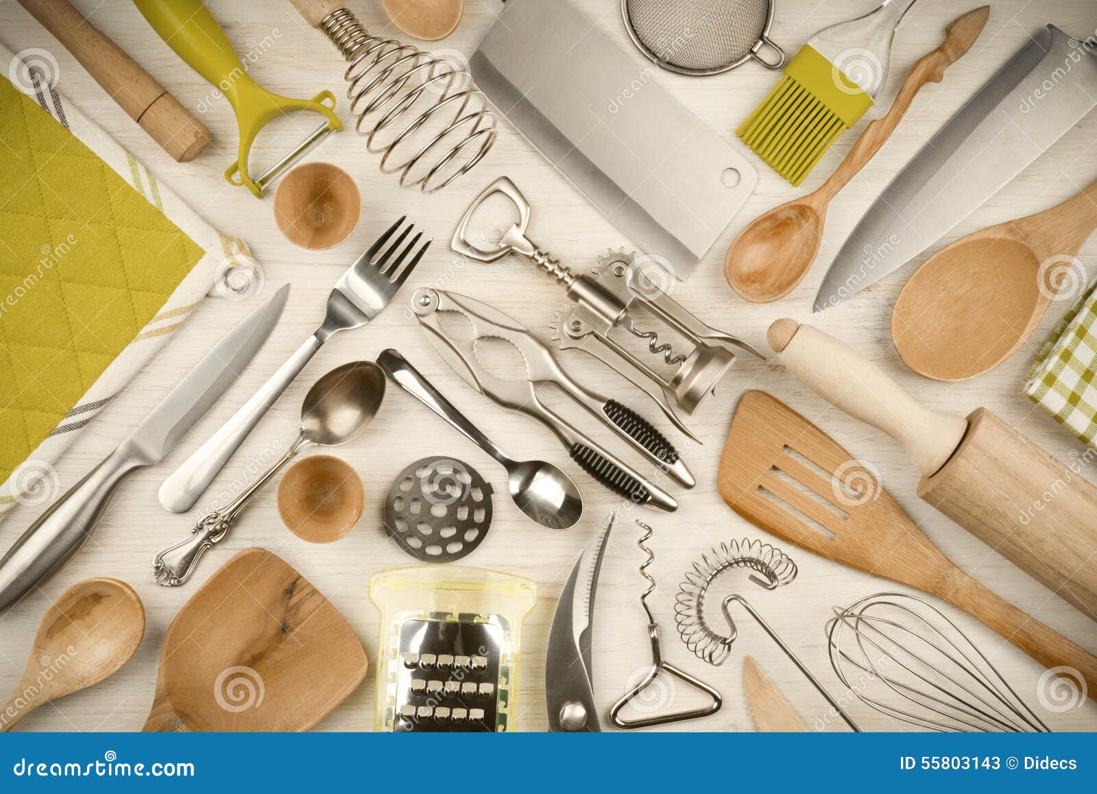 Kitchen Utensils Set on Wooden Texture Background Stock Image Image of serve, cuisine 55803143