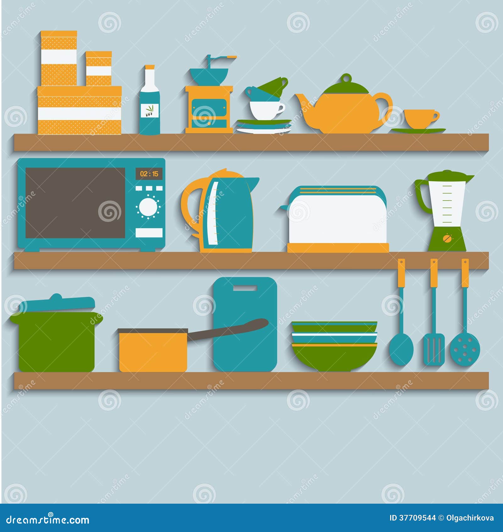Kitchen Utensils on Shelves Stock Vector Illustration of graphic