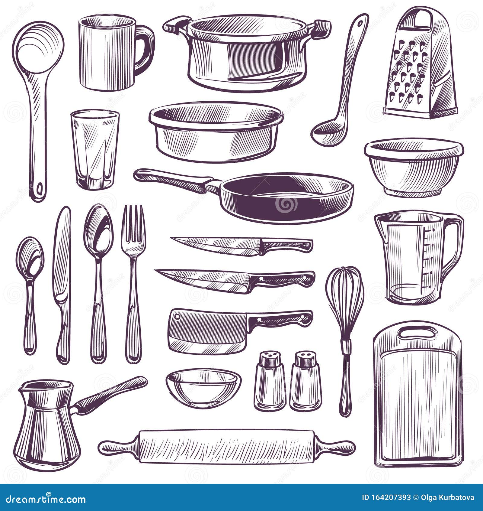 Sketch kitchen tools cooking utensils hand drawn vector image on