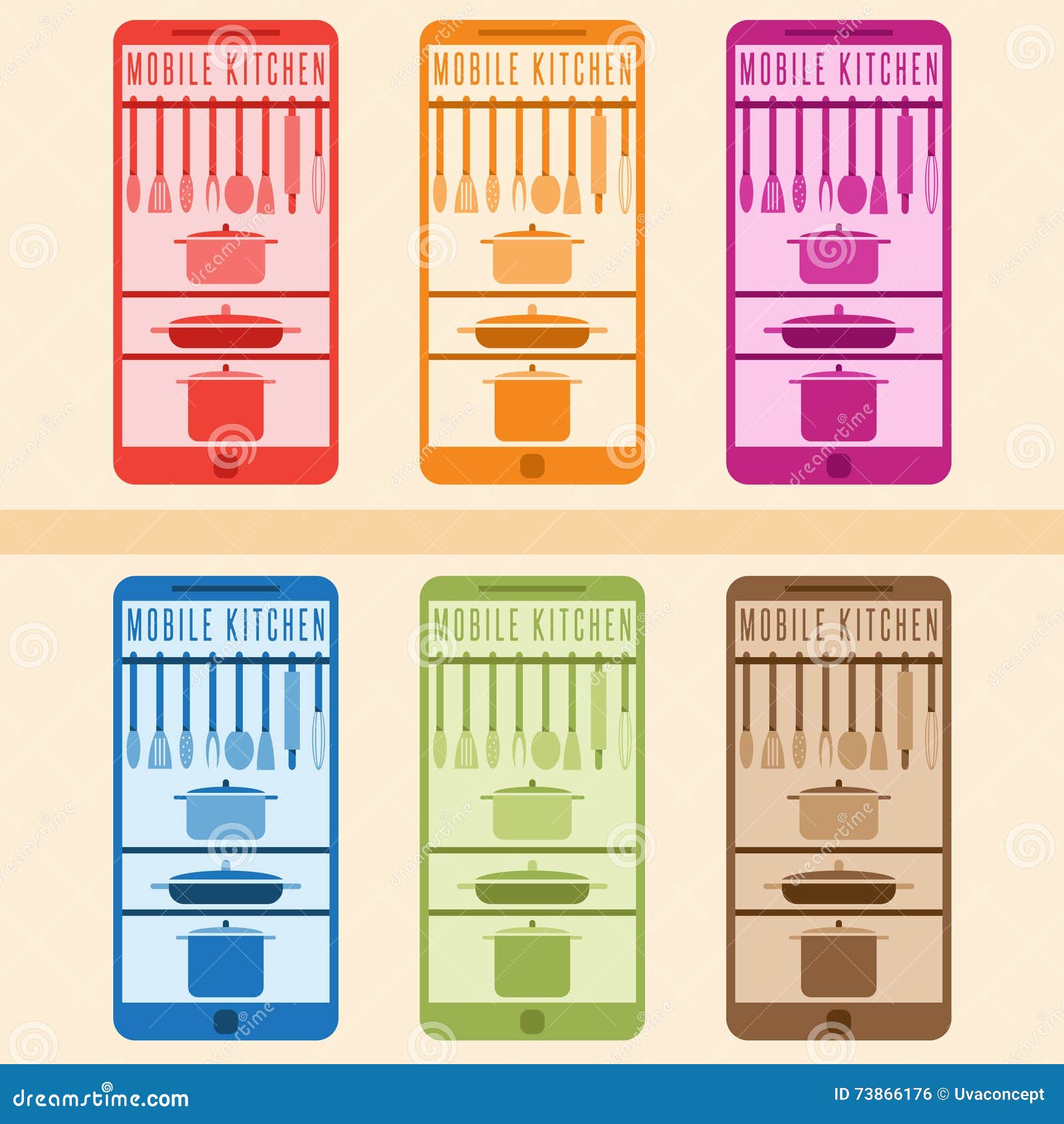 Kitchen Utensils with Smartphone Vector Flat Design Template Stock