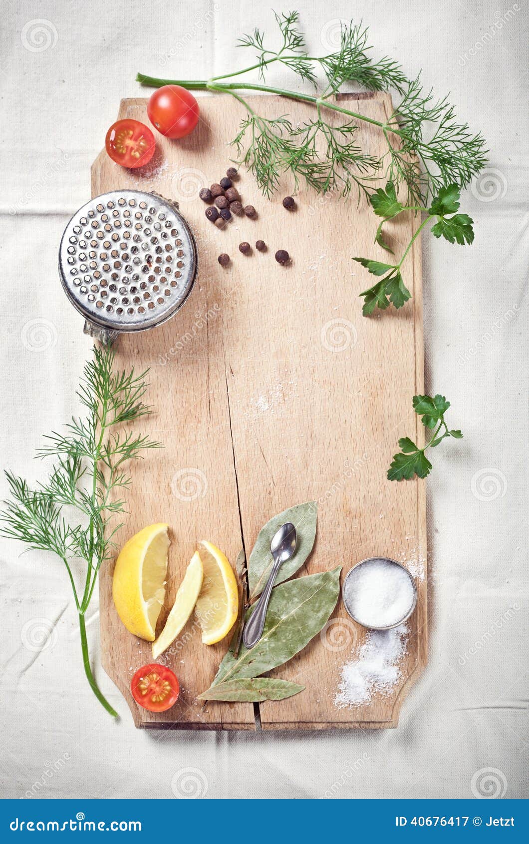 Kitchen Utensils, Spices and Herbs for Cooking Fish Stock Image