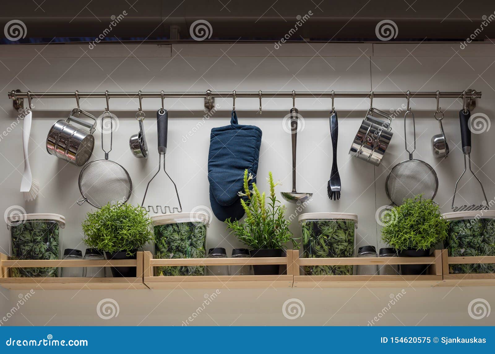 kitchen utensils on the wall, interior design stock image