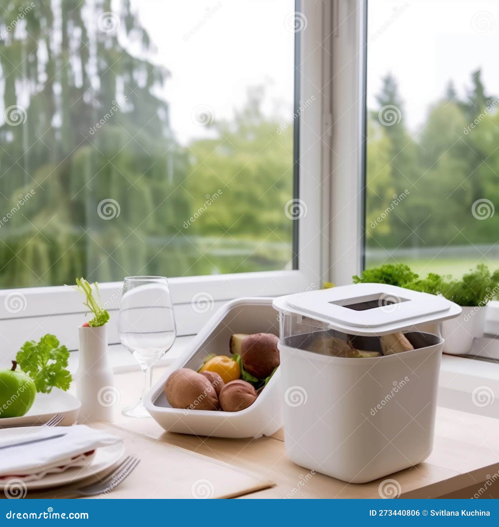 Kitchen Waste Compost Pot Containing Kitchen Waste on Table Stock Photo