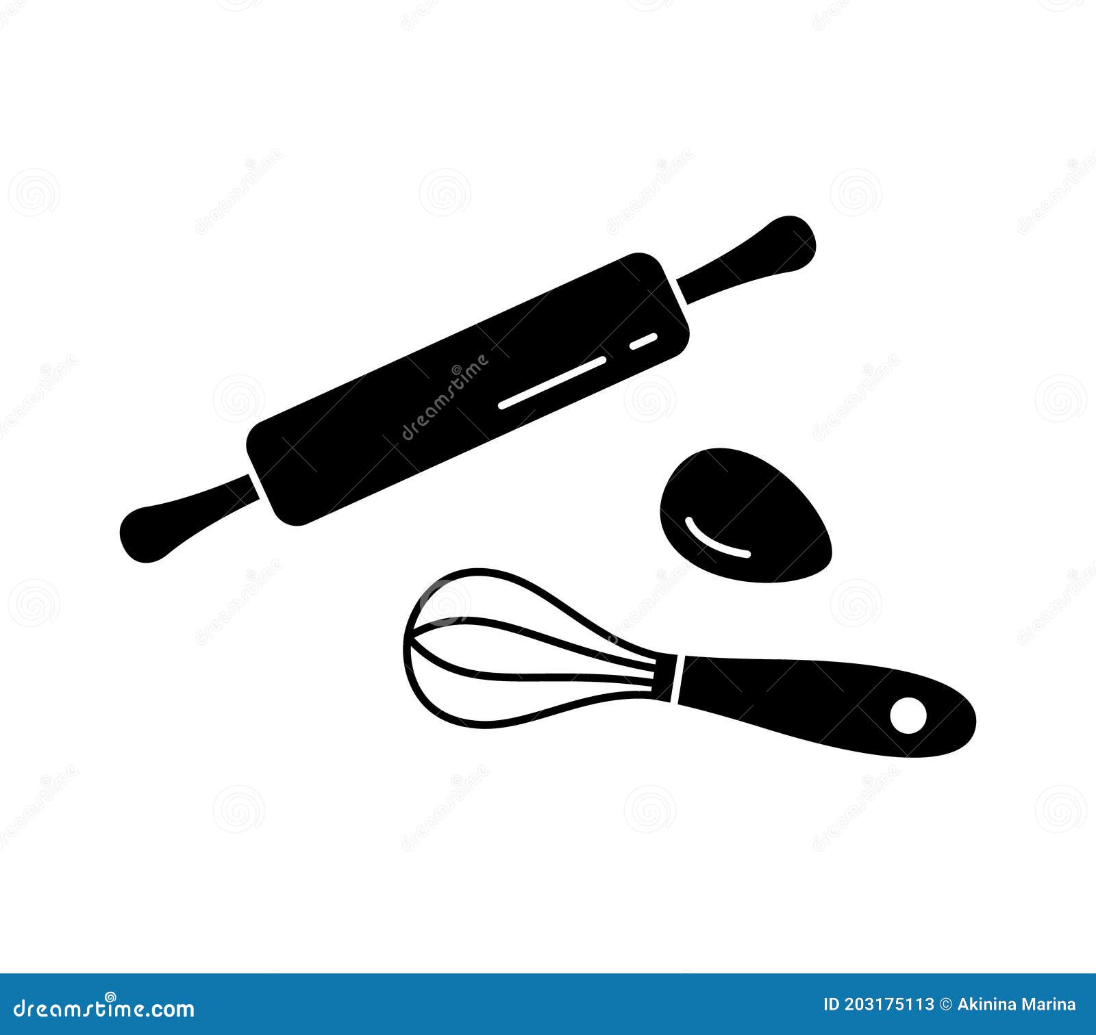 kitchen whisk, rolling pin and chicken egg. silhouette icons set for dough preparation. black simple  of cooking.