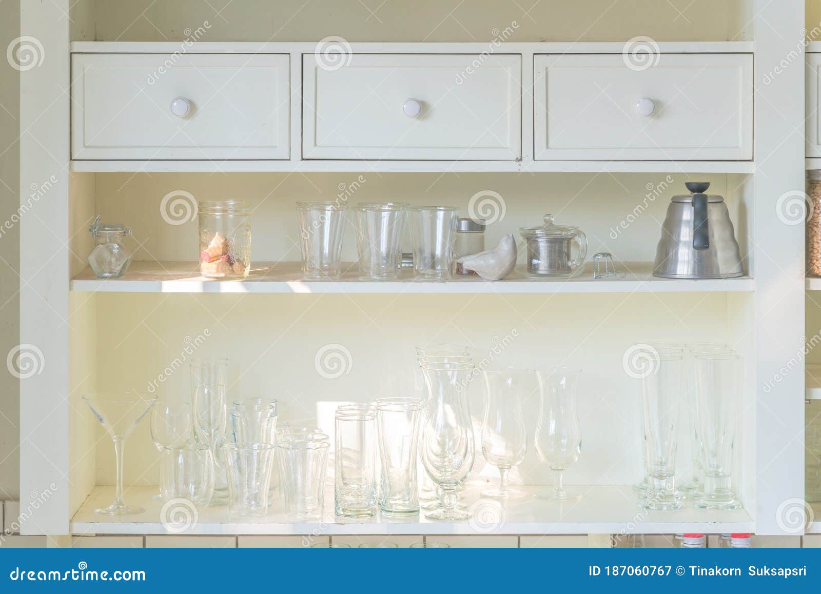 Kitchen White Wooden Cabinet Storage With Glass On Shelf Interior For Home And Residence Or Coffee Shop And Restaurant Retro Stock Image Image Of Cupboard