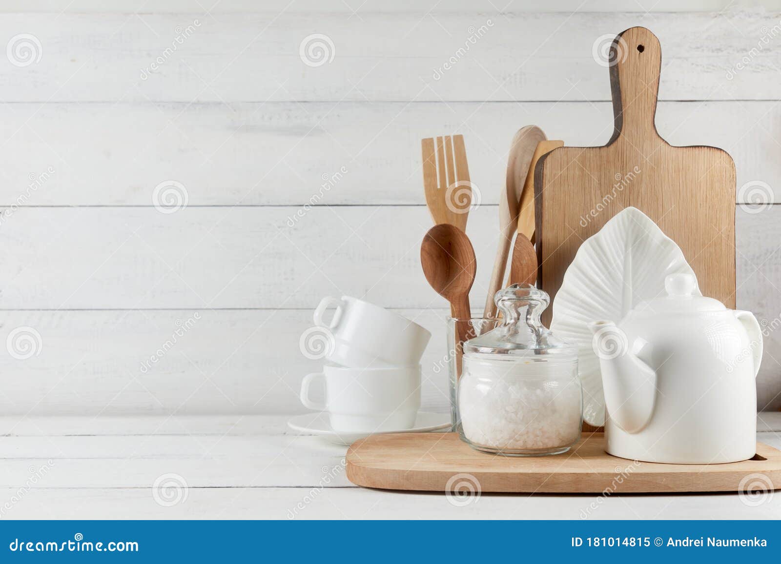 Download Kitchen Wide Banner Concept Kitchen Background For Mockup With Spoon Teapot Cups Bowls Flowers On Wooden Table Stock Image Image Of Concept Interior 181014815