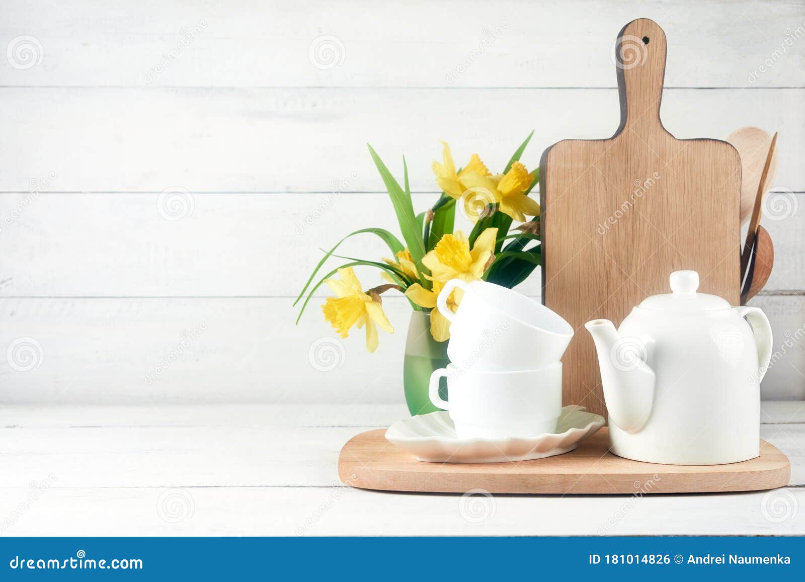 Download Kitchen Wide Banner Concept Kitchen Background For Mockup With Spoon Teapot Cups Bowls Flowers On Wooden Table Stock Photo Image Of Dishware Light 181014826