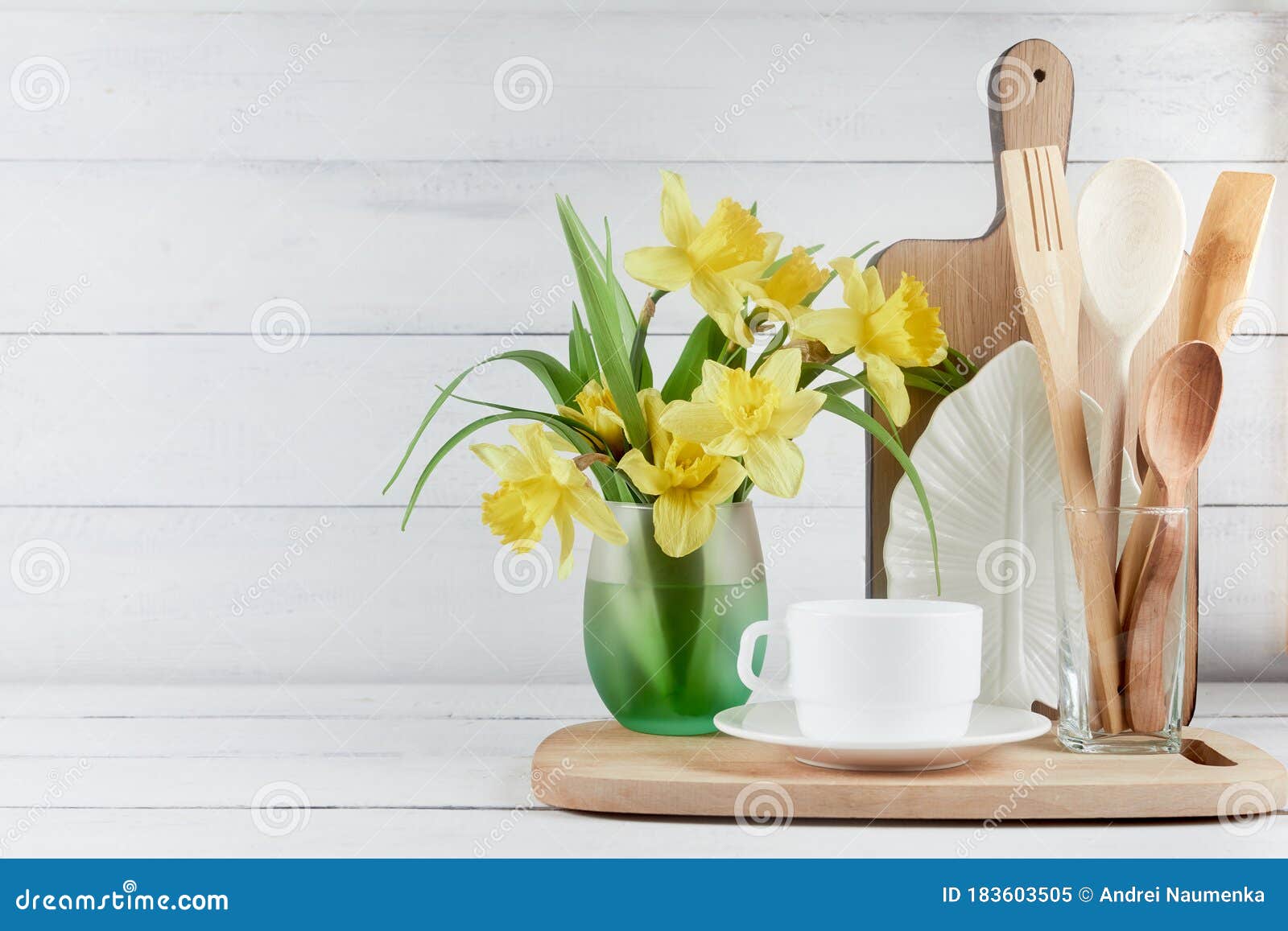 Download Kitchen Wide Banner Concept Kitchen Background For Mockup With Spoon Teapot Cups Bowls Flowers On Wooden Table Stock Image Image Of Bakery Mockup 183603505