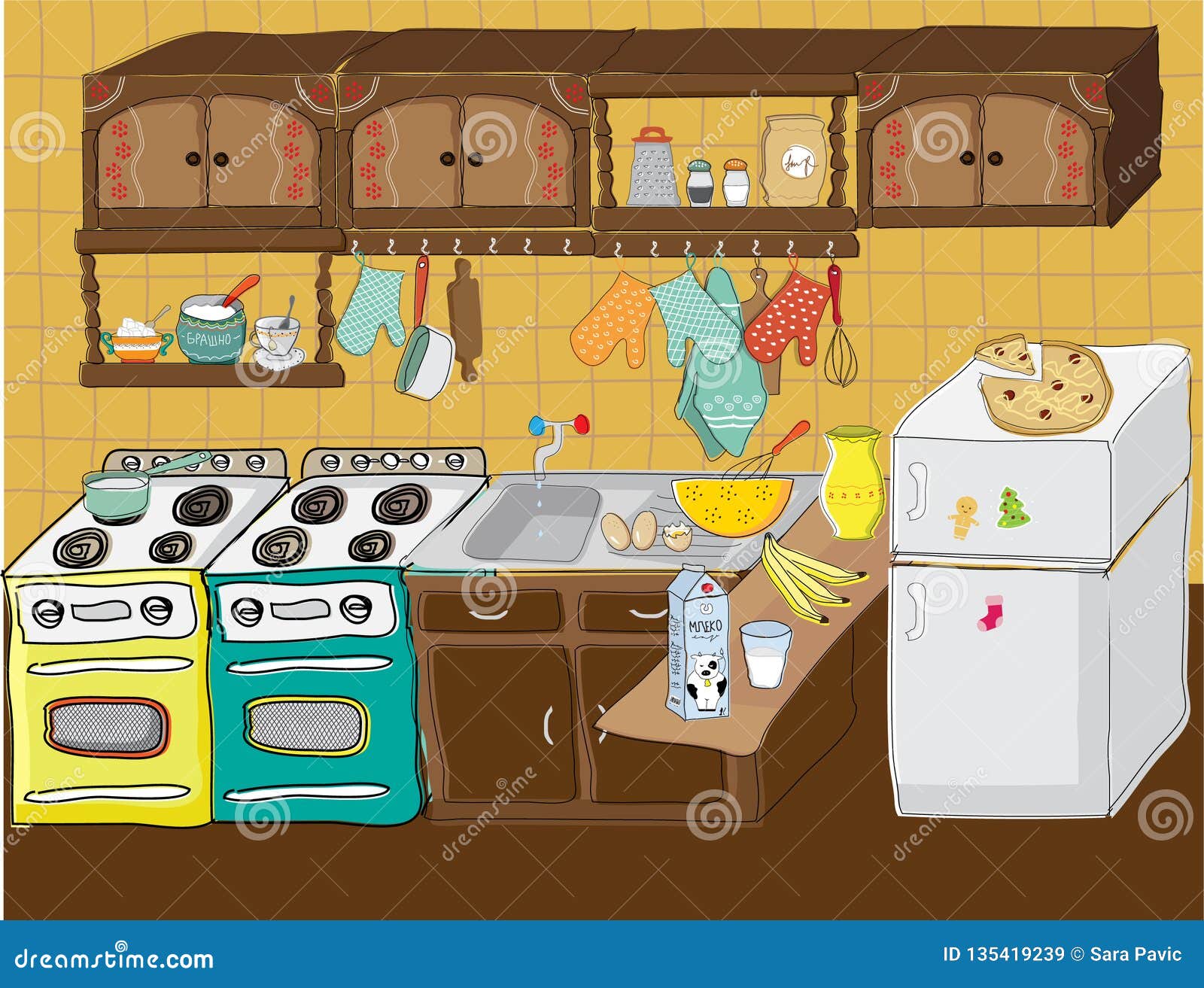 Kitchen Wit Lots of Kitchen Stuff Stock Illustration