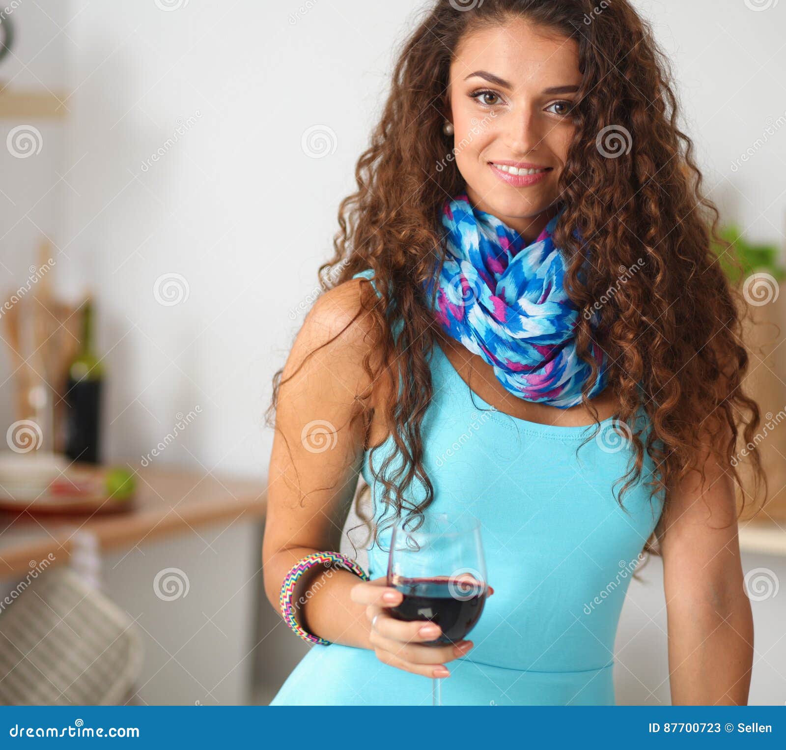 Kitchen Woman. Pretty Woman Drinking Some Wine at Home Stock Image ...