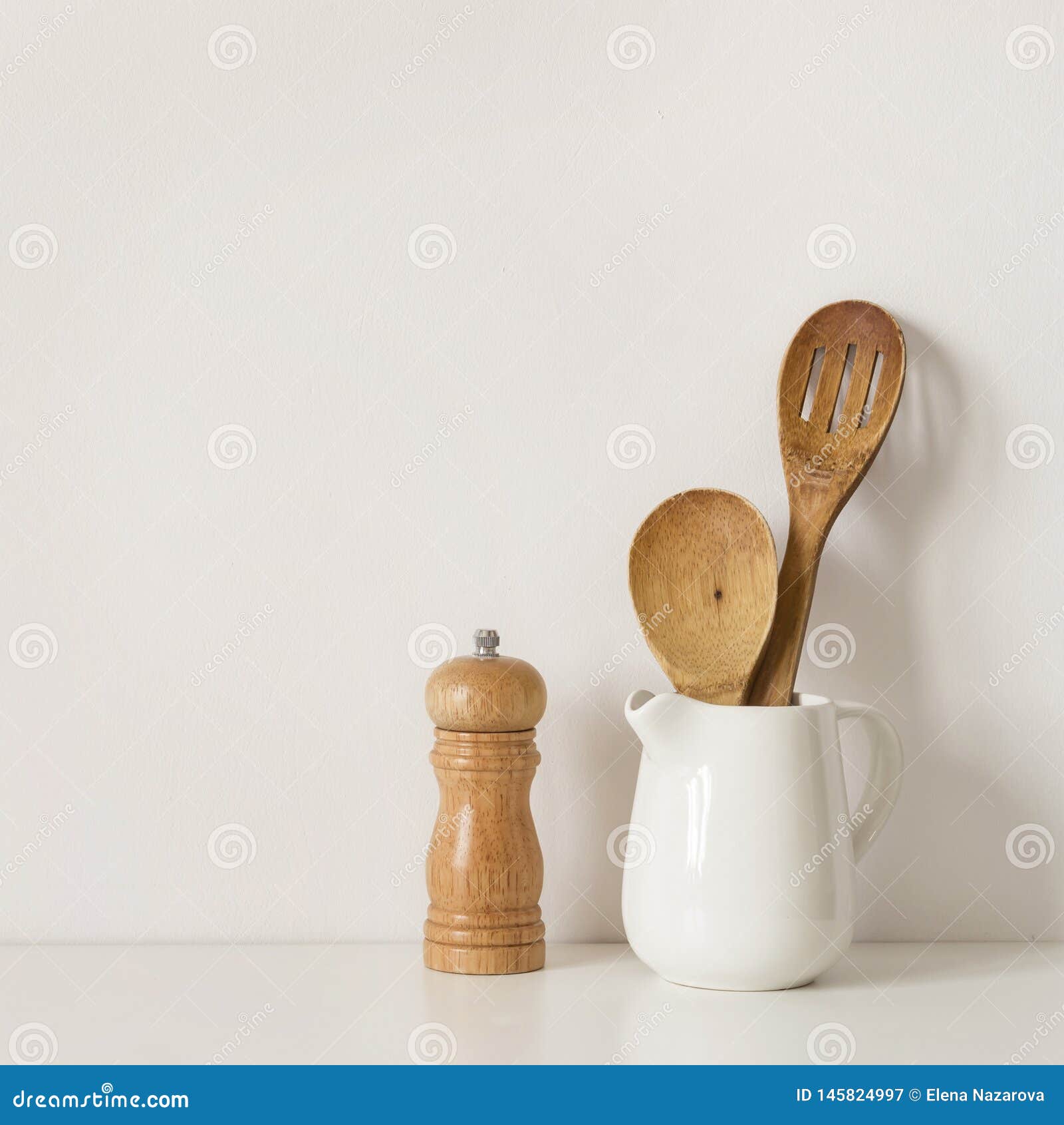 Download Kitchenware Spoons And Spice Mill On Table Wall Background. Recipe Template Mockup Stock Image ...