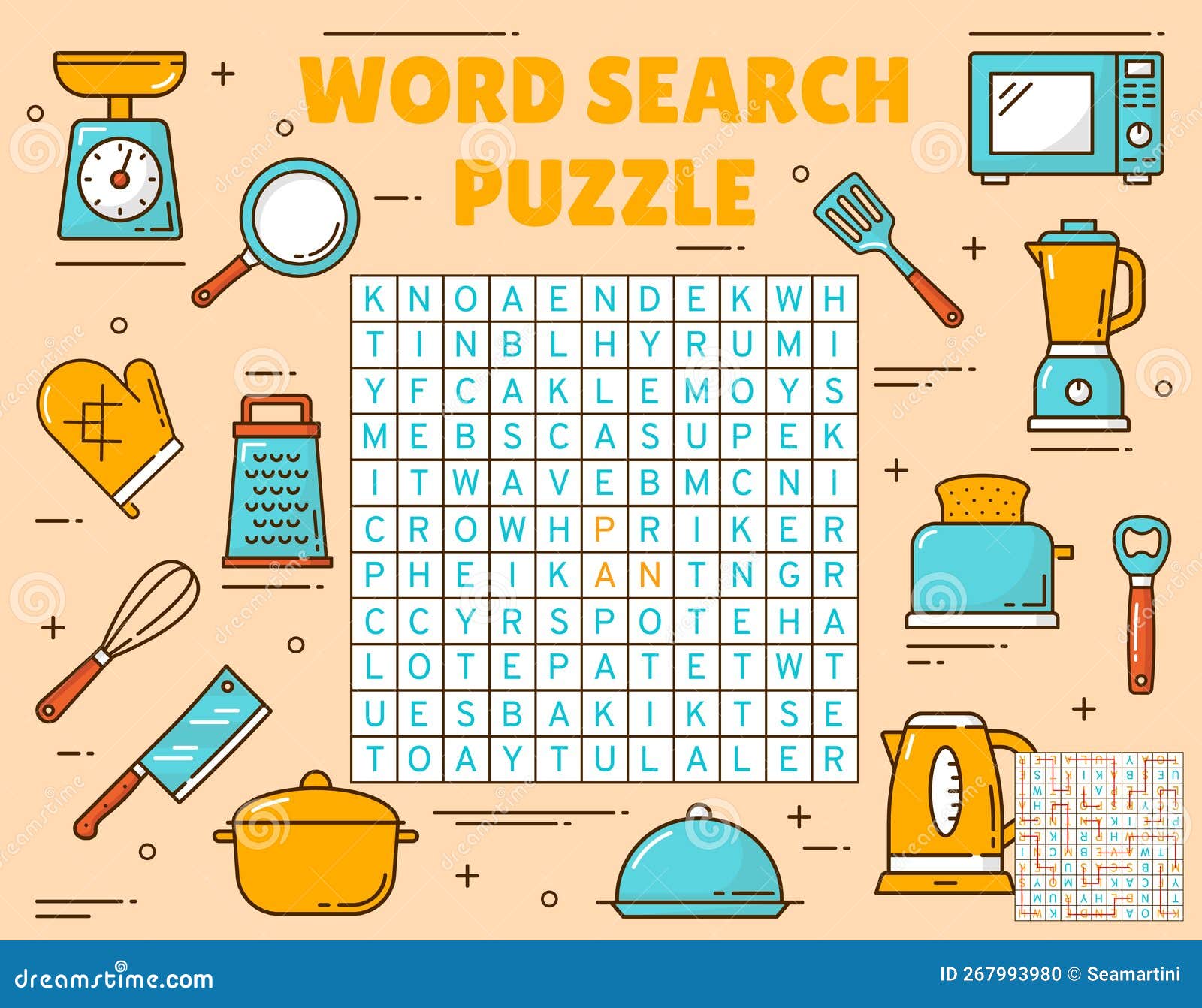 Kitchenware and Utensil Word Search Puzzle Game Stock Illustration