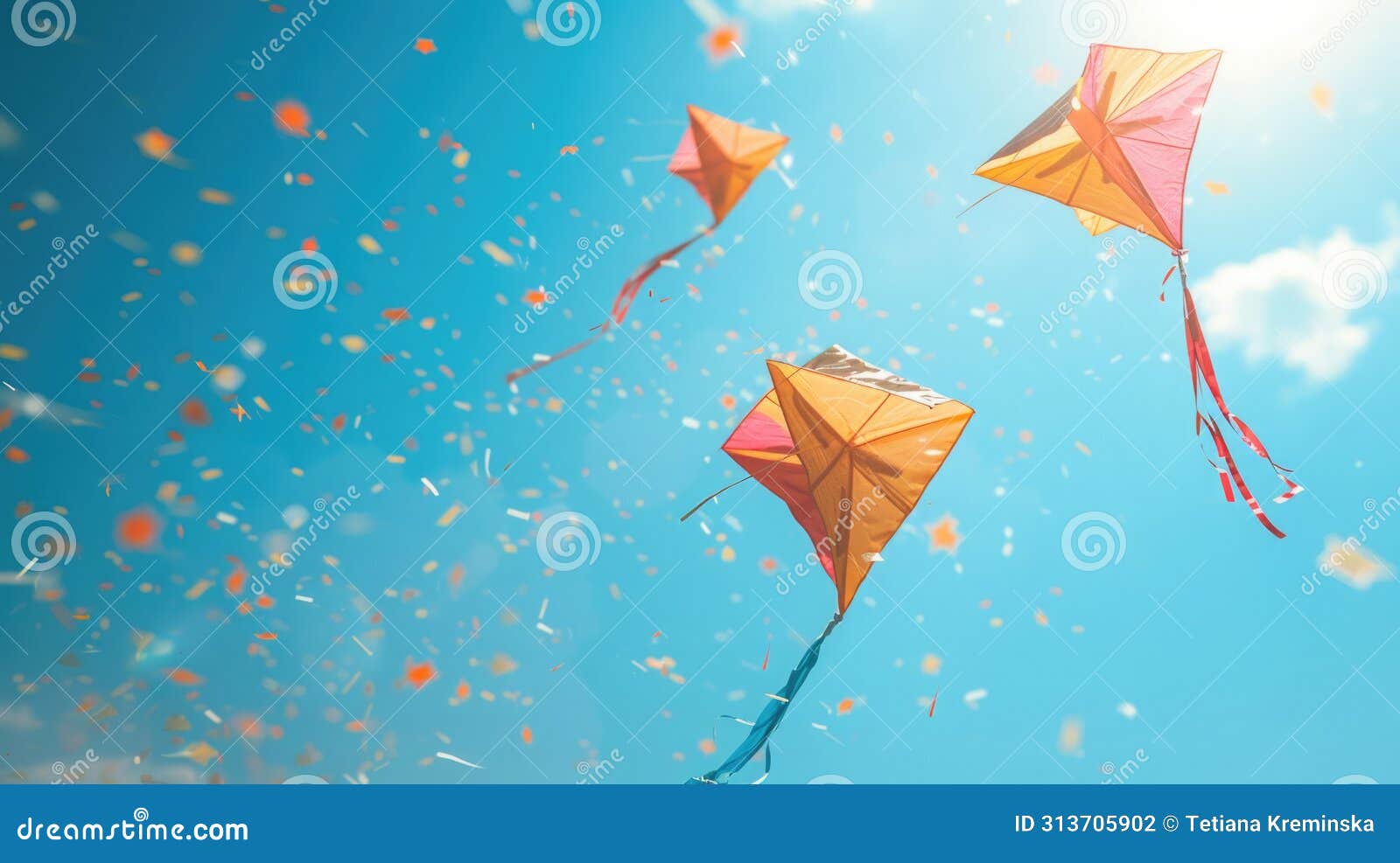 a kite flying against a clear blue sky, is a popular sinhalese new year activity. the kites are brightly colored