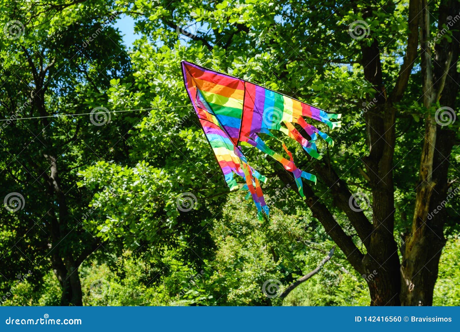 Kite Flying Against Tree Green Summer Background, Wind High Stock Photo