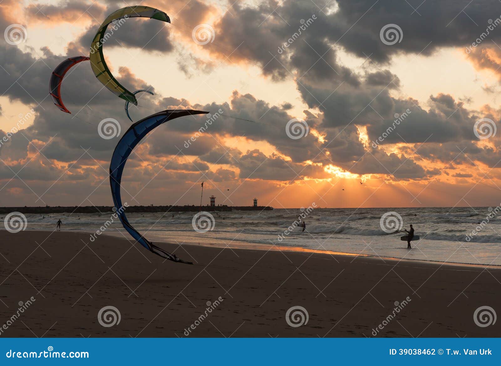 Kite Surfing in the Sunset at Dutch Beach Stock Photo Image of orange