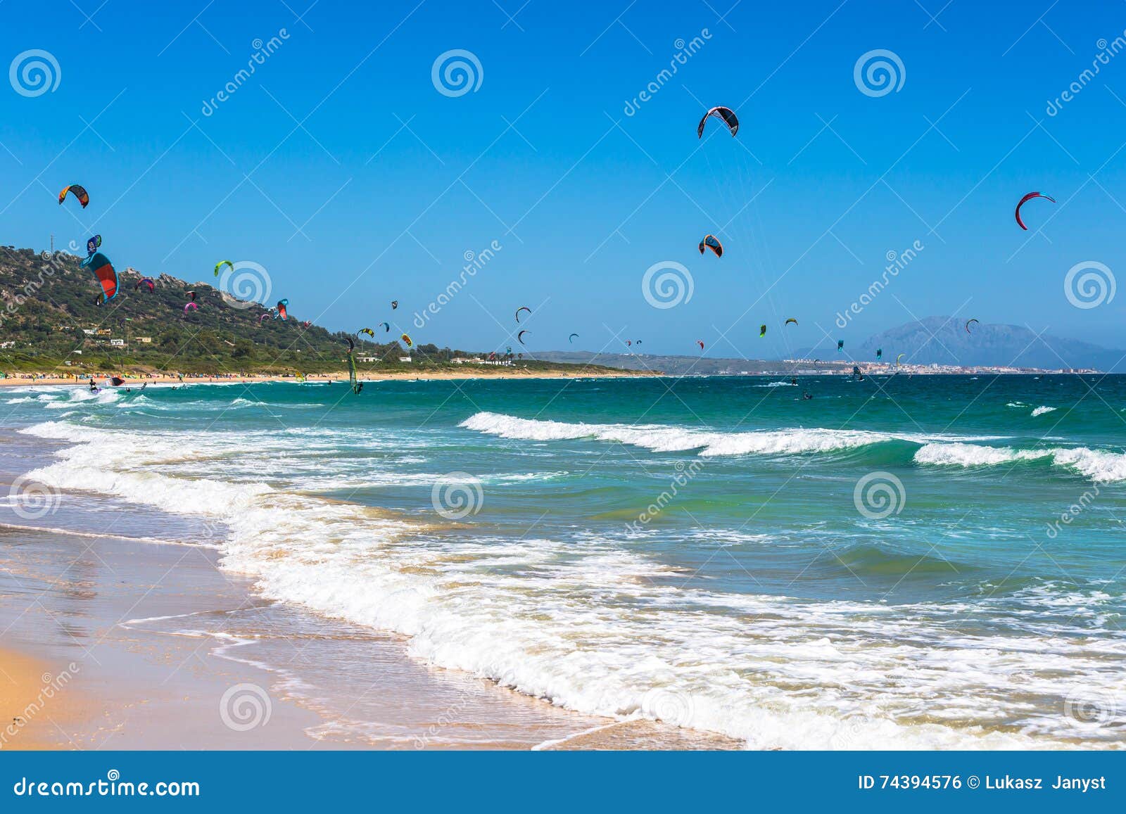 kites flying over tarifa beach