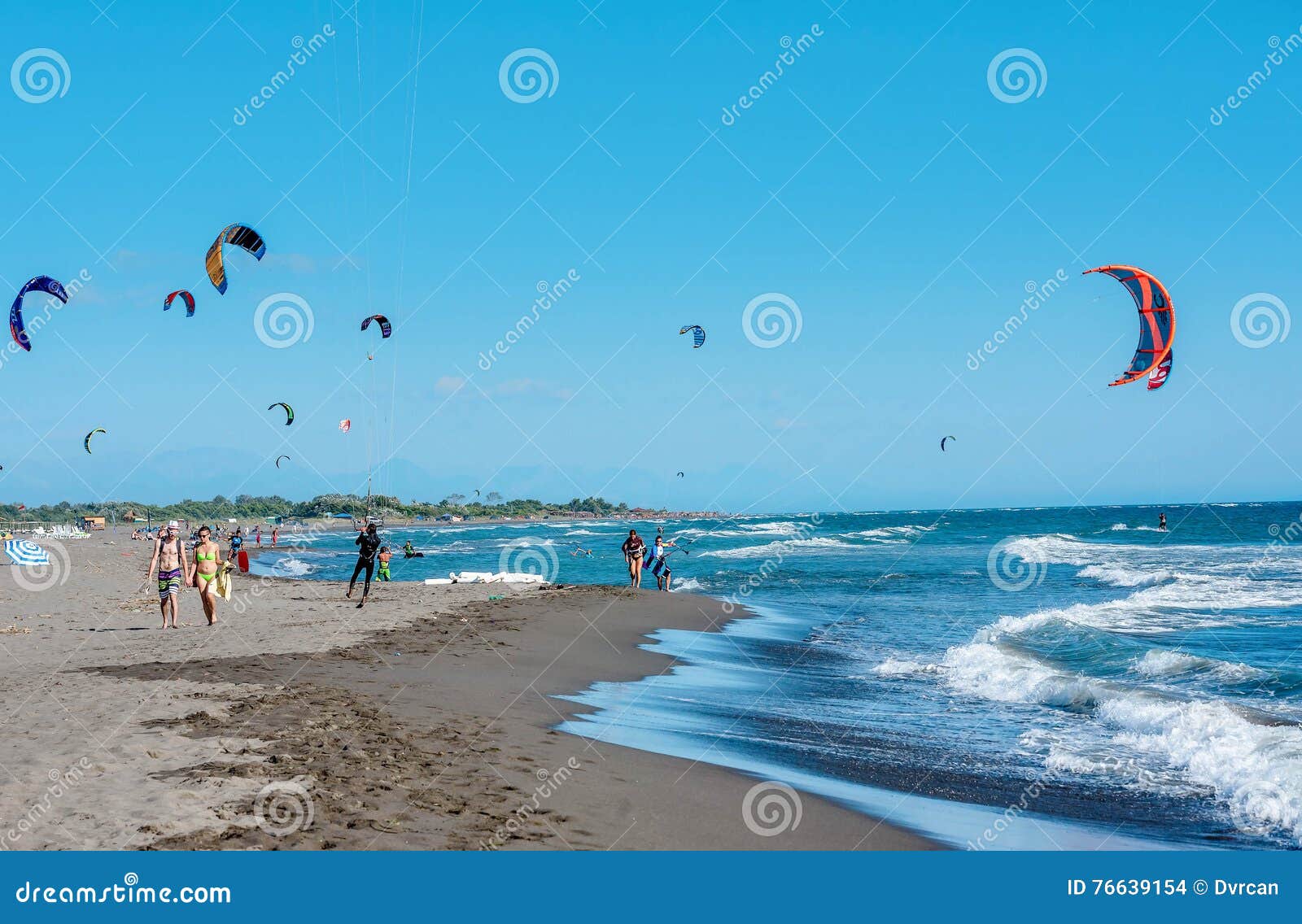 Kitesurfers on the Beach in Ulcinj, Montenegro Editorial Stock Image