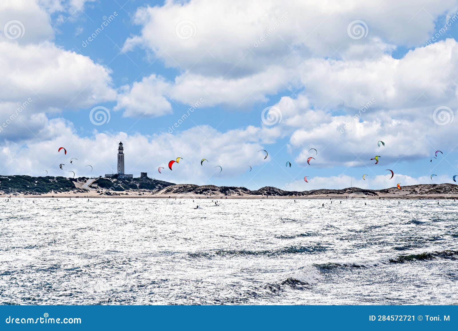 kitesurfing on the beach of los caÃ±os de meca, barbate, cadiz