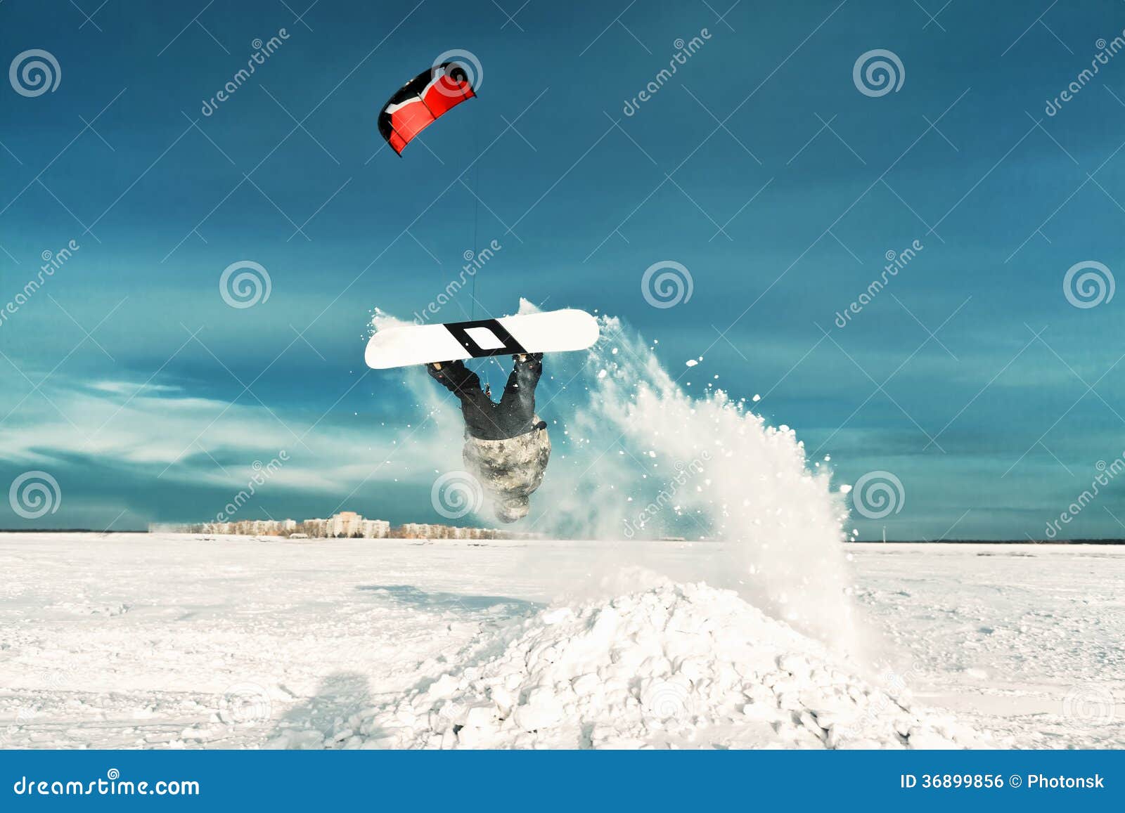 Kiting on a Snowboard on a Frozen Lake Stock Photo - Image of helmet ...