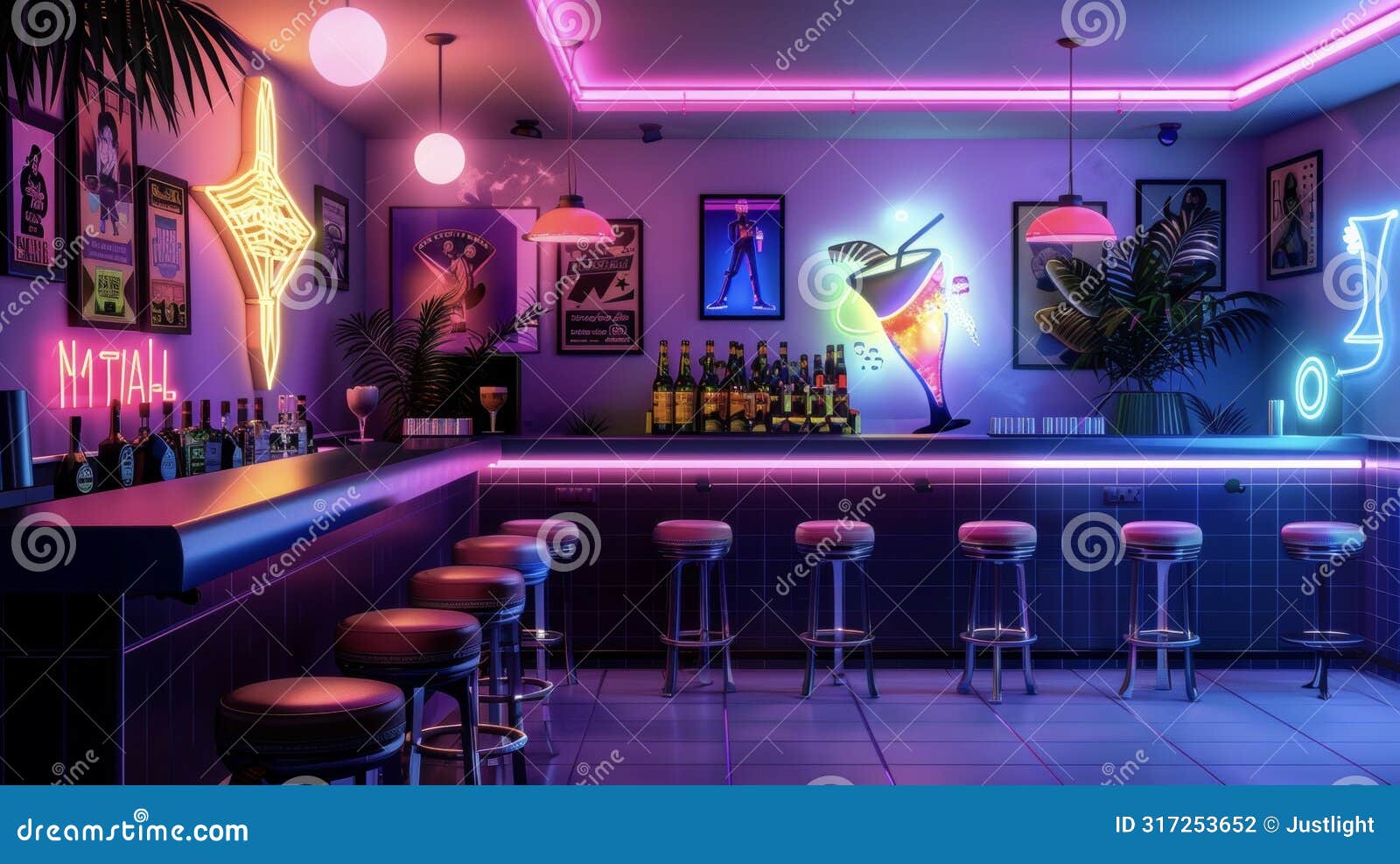 a kitschy and retrothemed bar adorned with vintage posters and neon signs serving up unconventional concoctions like