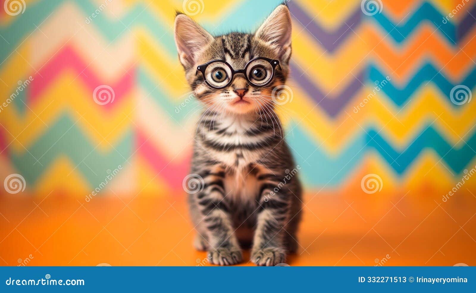 kitten with glasses against colorful zigzag background for back-to-school themes