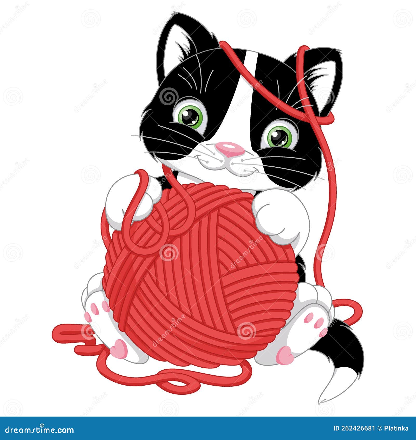 Kitten Playing with Ball of Yarn Cartoon Vector Illustration Stock