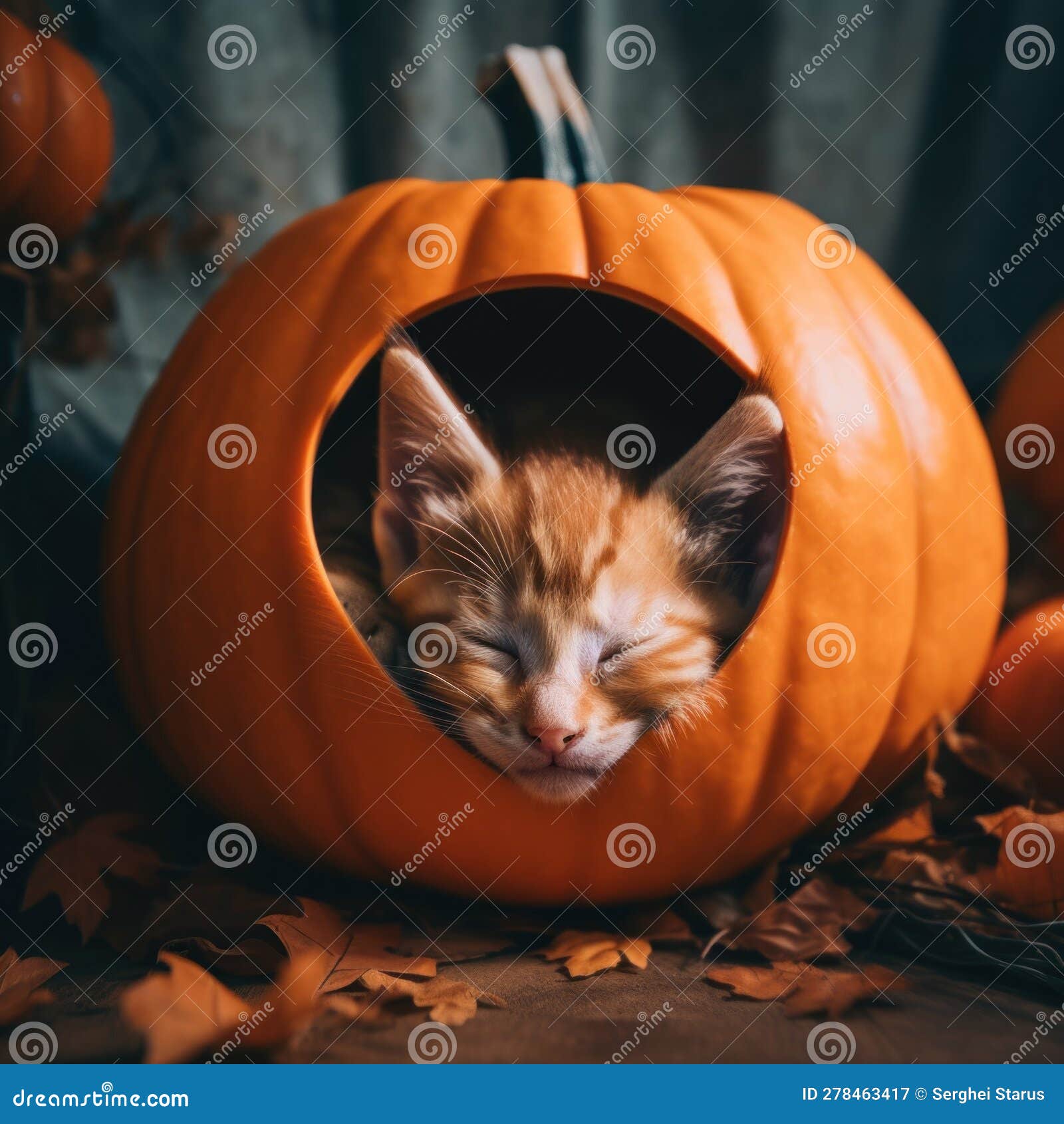 A Kitten Sleeping in a Pumpkin Shaped Bed. Generative AI Image. Stock