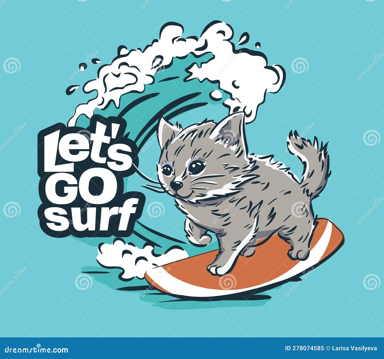 Kitty Surfer Adventure Cool Summer T-shirt Print. Cat Ride Surfboard on ...