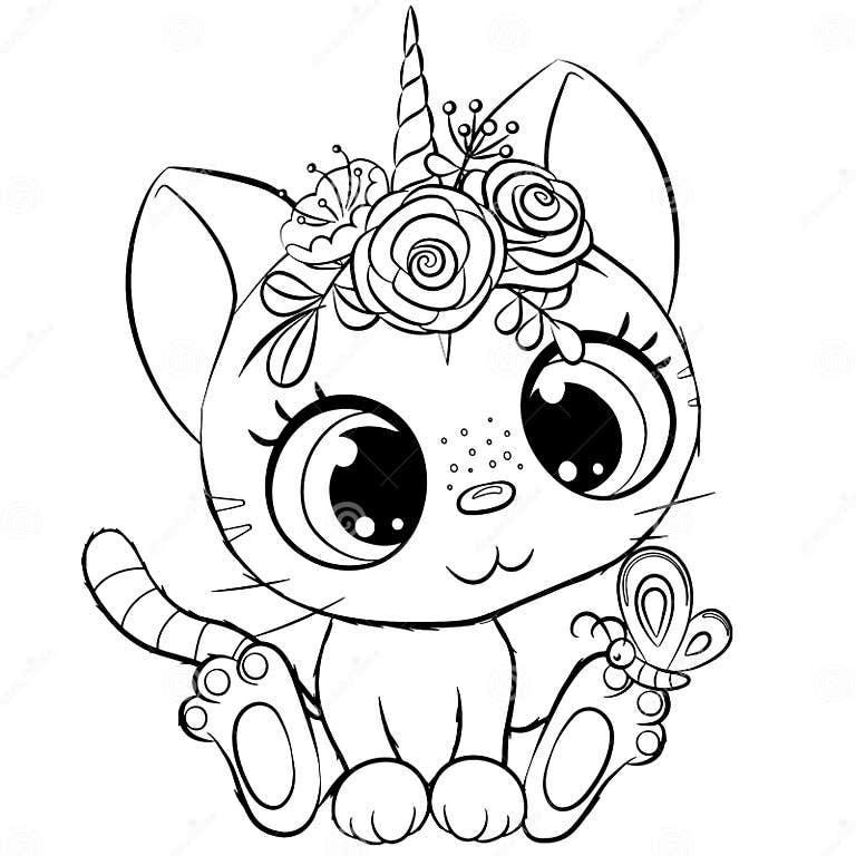 Kitty Unicorn Outlined for Coloring Book Isolated on a White Background ...