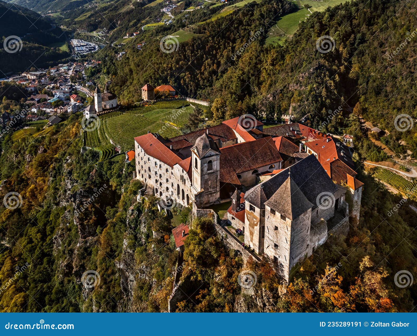 klausen, italy - aerial view of the sÃÂ¤ben abbey monastero di sabiona with chiusa klausen comune northeast of bolzano