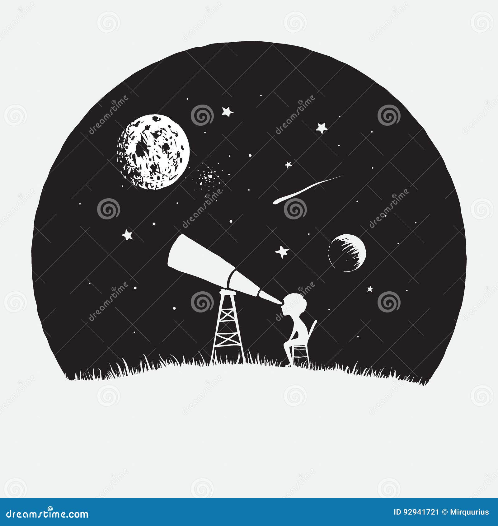Kleiner Junge schaut zu durch einem Teleskop zum Raum. Astronom des kleinen Jungen schaut zu durch einem Teleskop zum Raum Astronomie- und Bildungsthema Kindische Vektorillustration Erforschung des Universums