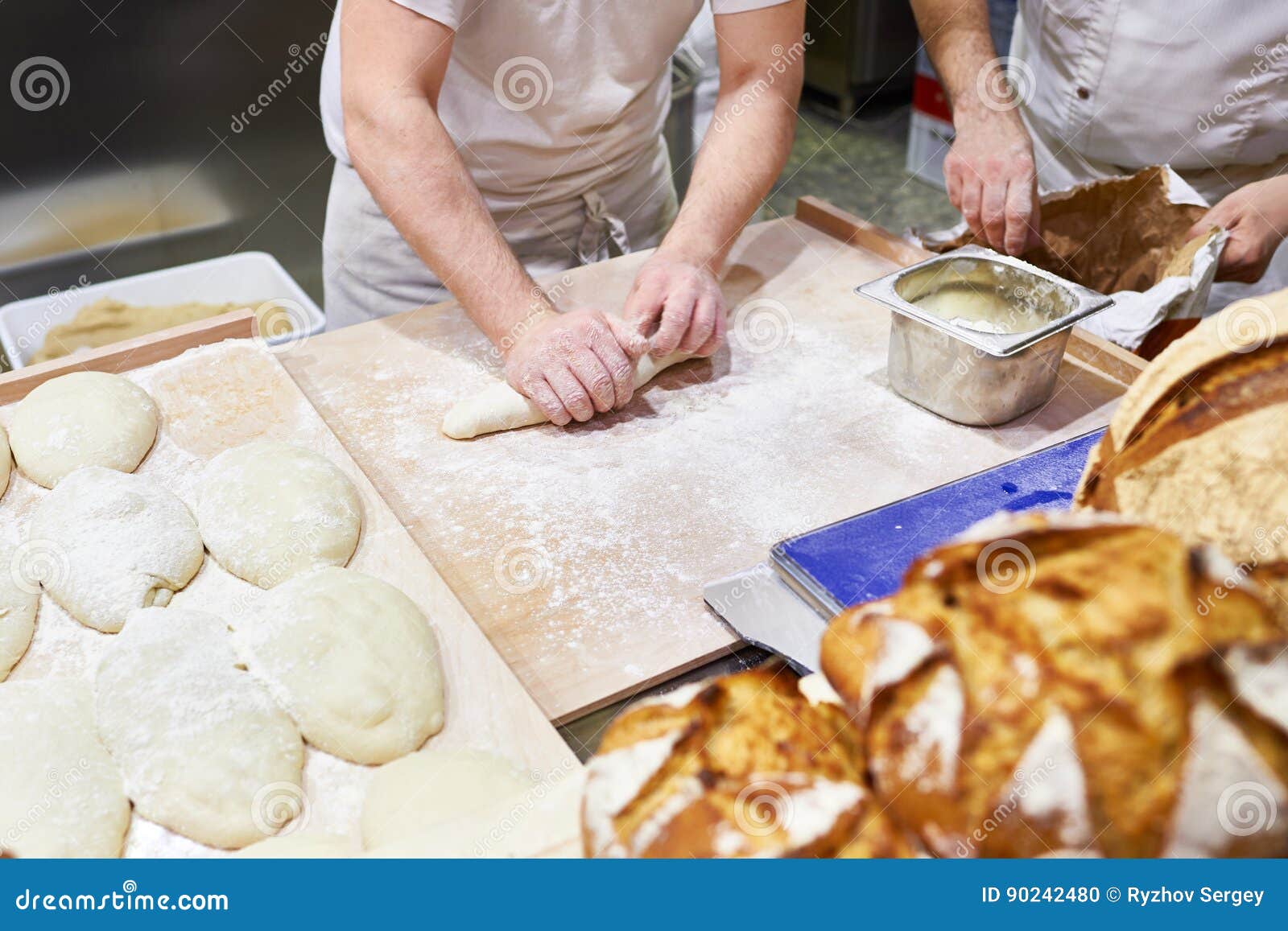 Kneading dough in bakery stock photo. Image of people 90242480