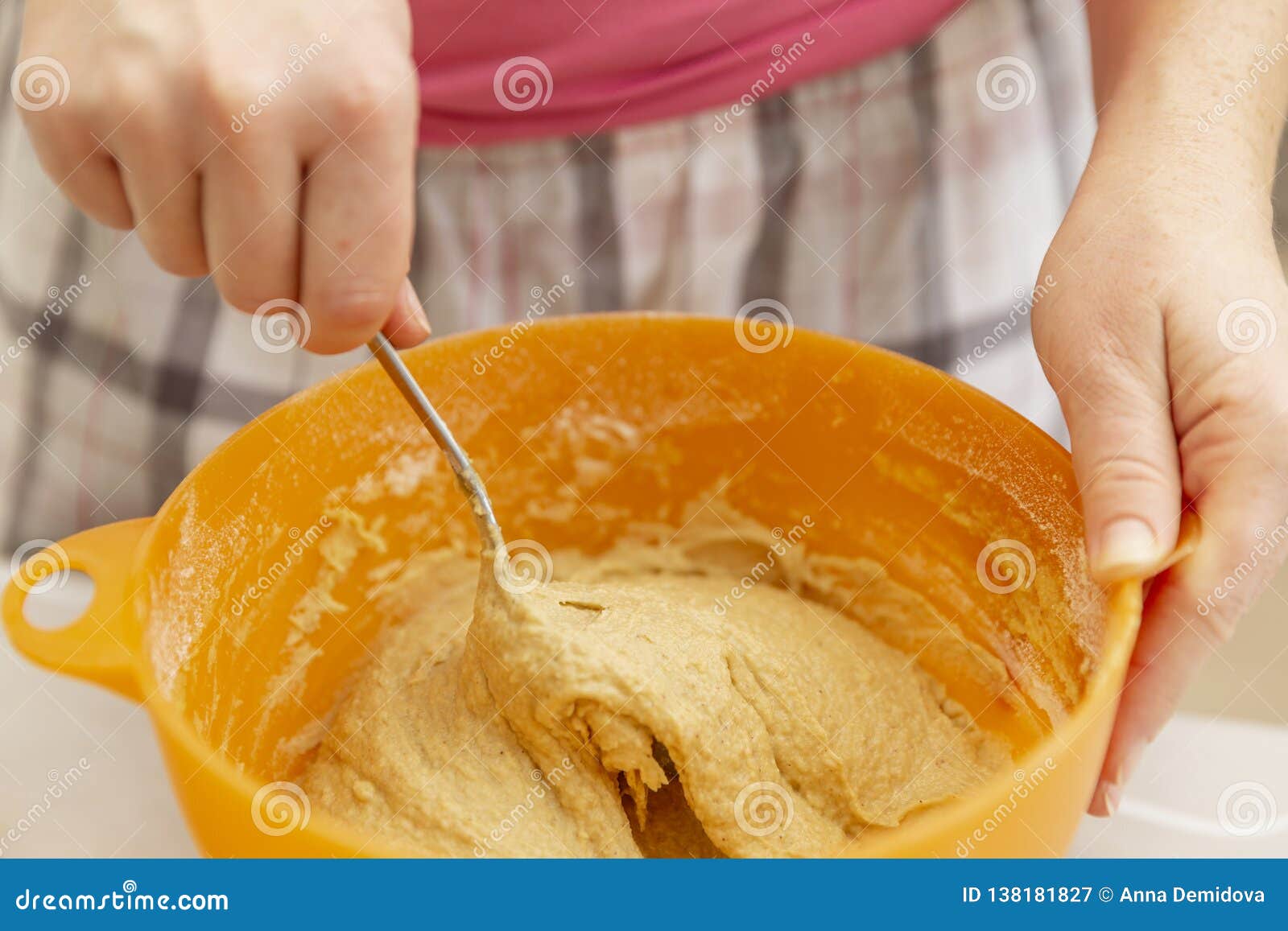 Kneading Dough in a Plastic Bowl in the Kitchen Stock Image Image of