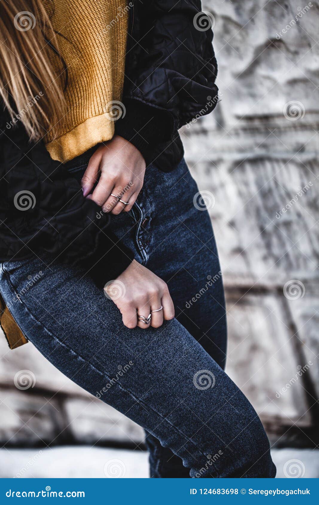 Knee Figure of Young Beautiful Blonde Straight Hair Woman in the City ...