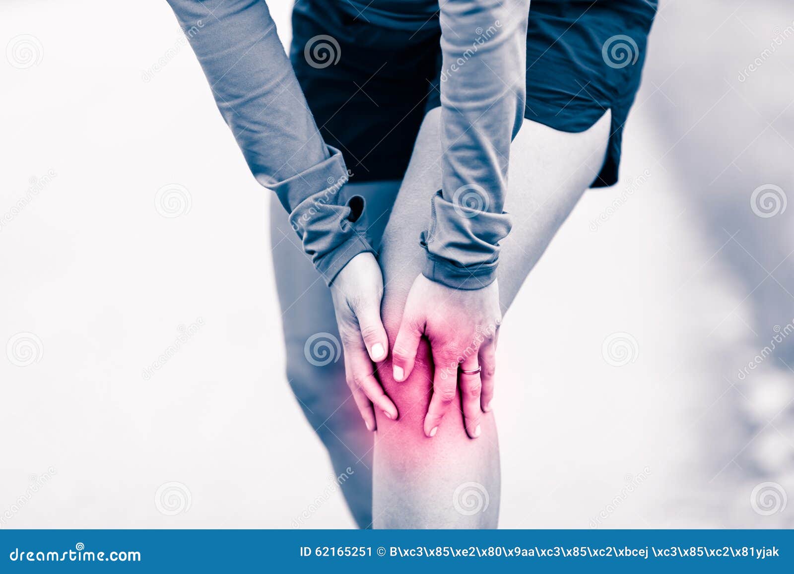 knee pain, woman holding sore and painful leg